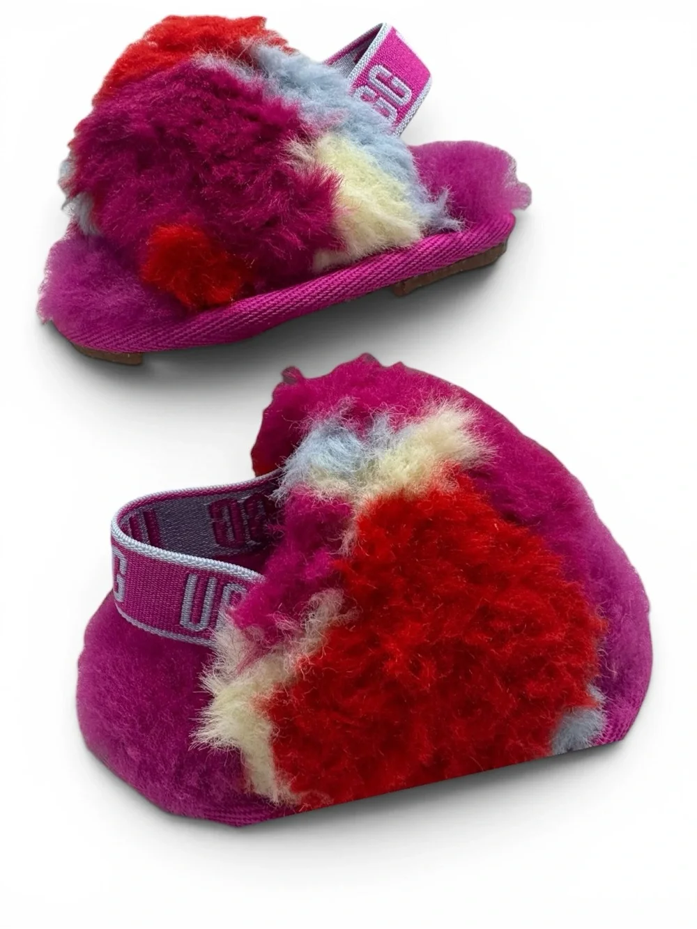 UGG Fluff Yeah Baby Girl Multi Color Fuzzy Slingback Slippers Newborn Rare EUC